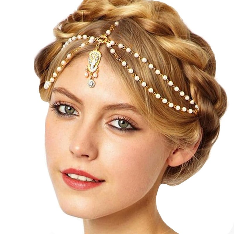 Aukmla Pearl Indian Head Chain Festival Halloween Costume Hair Accessories Boho Headpiece for Women - Image 1